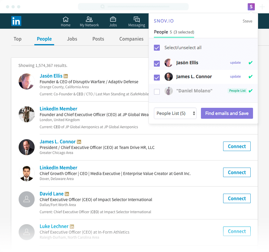 Captura de tela do Snov.io ilustrando a prospecção através do LinkedIn