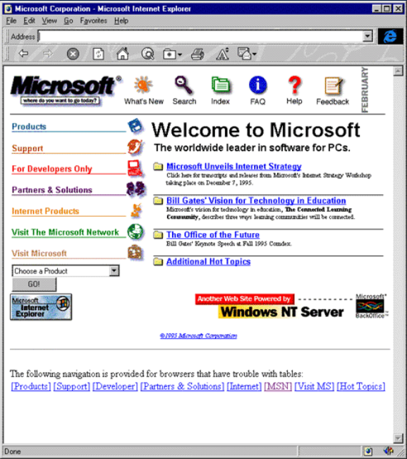 Interface Internet Explorer para Windows 95.
