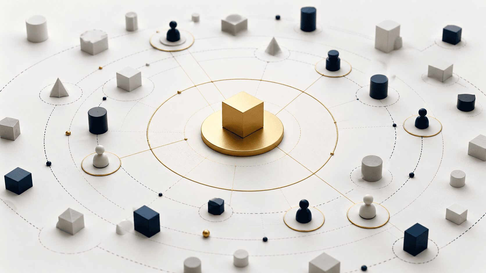 Mapa estratégico abstrato com uma marca destacada em dourado no centro, conectada a diferentes públicos e cercada por elementos que representam concorrentes no mercado.